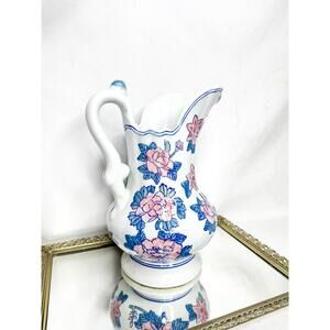 Chinese Export Extra Large Floral Wash Water Pitcher, Vintage Chinoiserie Chic